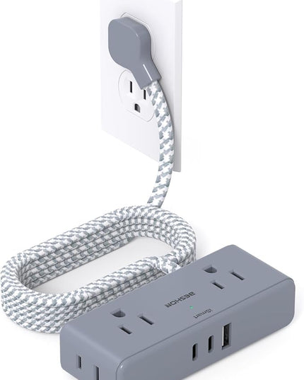 Extension Cord 15 ft, BESHON Flat Plug Power Strip, Long Power Strip, 4 Widely Outlets with 3 USB Ports (2 USB C), Extension Cord with Multiple Outlets for Home, Office, Dorm Room Essentials Gray