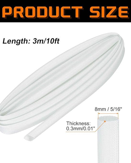 MECCANIXITY 10ft Braided Cable Sleeve, 5/16" ID 200C High Temperature 1500V Fiberglass Wire Insulation Cord Protector Organizer Wires Management for Motor Engine Fuel Line, White