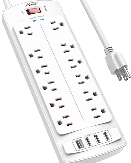 Power Strip,ALESTOR Surge Protector with 12 Outlets and 4 USB Ports, 6 Feet Extension Cord (1875W/15A) for for Home, Office, Dorm Essentials, 2700 Joules, ETL Listed (White)