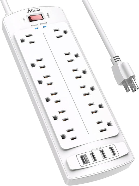 Power Strip,ALESTOR Surge Protector with 12 Outlets and 4 USB Ports, 6 Feet Extension Cord (1875W/15A) for for Home, Office, Dorm Essentials, 2700 Joules, ETL Listed (White)