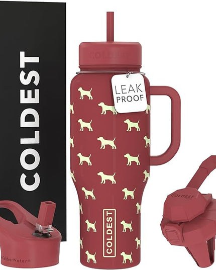 Coldest Tumbler with Handle and Straw - 100% Leak Proof Insulated Tumbler with Lid and Straw (3 Lids) - Stainless Steel Tumblers for Women & Men - Cup Holder Friendly Base, 36 oz (Baby Puppy)