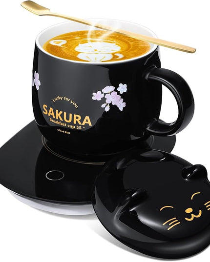 Honeydak Coffee Mug Warmer Cute Cat Mug Set Cup Warmer for Women Heated Coffee Warmers for Mom Home Office Desk Valentine's Day Anniversary Birthday Gifts(Sakura,Black)