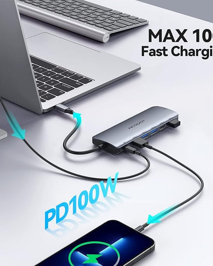 USB C Hub, Acodot 9 in 1 Type C Hub Adapter Portable Docking Station Aluminum Dongle Compatible with MacBook Pro/Thunderbolt 3 Laptops of Type C Devices, with 4K HDMI/ 5 USB Ports/ 100W PD/SD/TF