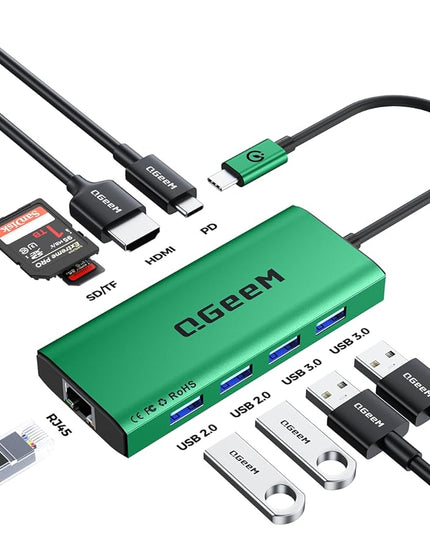 QGeeM USB C Hub Ethernet,9 in 1 USB Type C Hub HDMI Multi-Port Converter Adapter,100W Pd, USB 3.0,SD/TF Card Reader,Compatible for MacBook Pro Air Ipad HP Dell Lenovo Chromebook etc.-Green