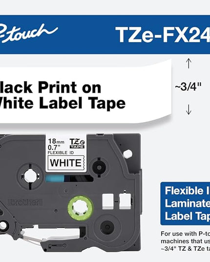 Brother P-touch Genuine TZe-FX241, ~3/4" (0.7") Black on White Flexible Cable/Wire Laminated Tape –26.2 ft(8m) (TZEFX241)
