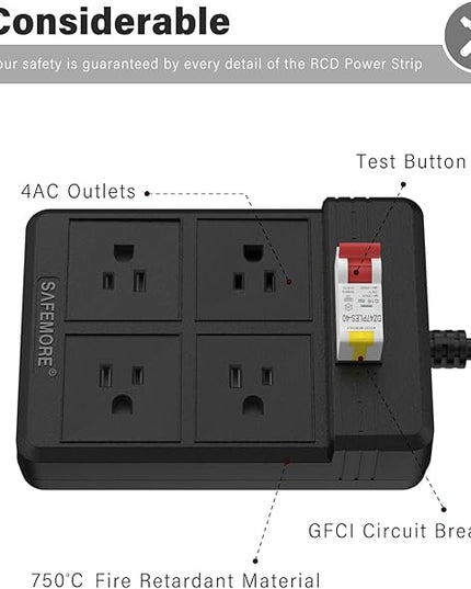 GFCI Power Strips with 9.84 FT Heavy Duty Extension Cord, 4 Gang Sockets 15A Fused SAFEMORE Power Strip 1875J with 30mA RCBO Leakage Protection,Surge Protected for Workshop Garage RV Indoor (Black)