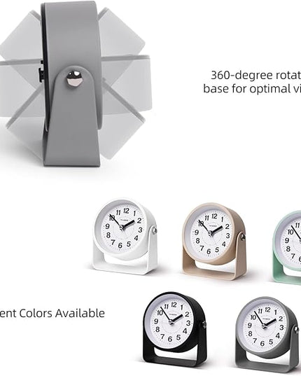 Analog Alarm Clock, Silent Non-Ticking Quartz Movement, Battery-Operated with Snooze & On-Demand Light, Easy to Set Gentle Wake Bedside Desk Clock, Ideal for Home, Travel, Office (Gray)
