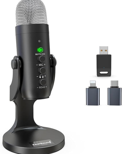 ZealSound Wireless Microphone,USB Mic for iPhone PC iPad Android Phone-Cordless Condenser Desktop Microphones with Mute Echo Monitor Volume Gain 2.4GHz for Podcast,ASMR,Gaming,YouTube Video/K66 Black
