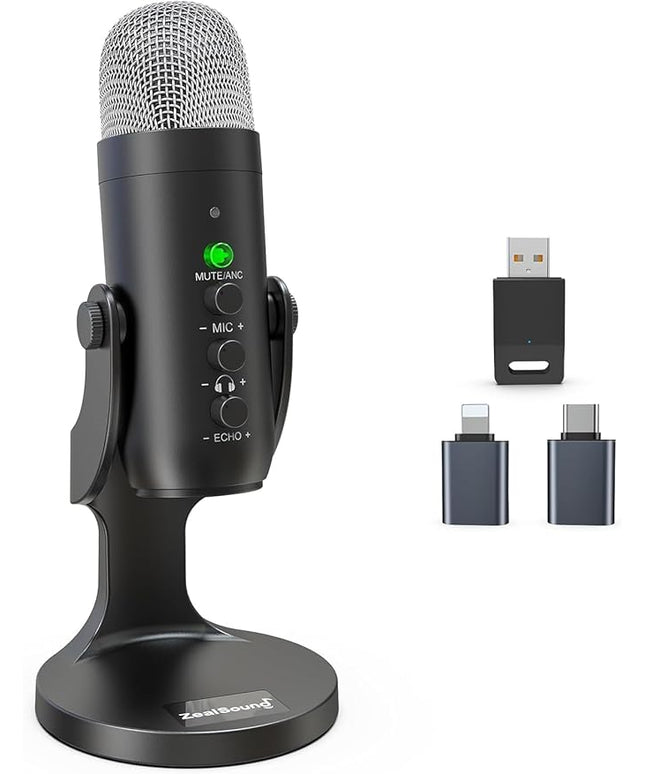 ZealSound Wireless Microphone,USB Mic for iPhone PC iPad Android Phone-Cordless Condenser Desktop Microphones with Mute Echo Monitor Volume Gain 2.4GHz for Podcast,ASMR,Gaming,YouTube Video/K66 Black