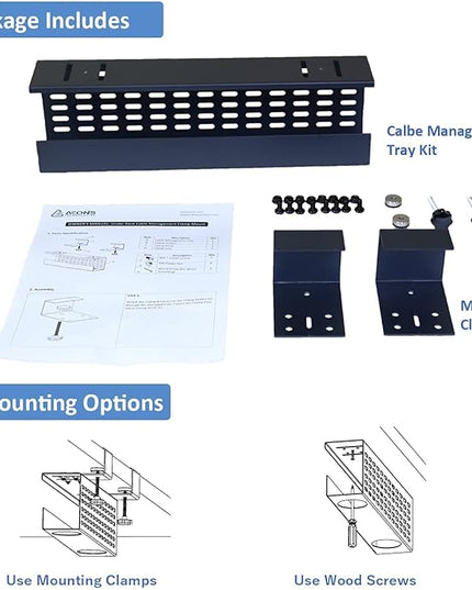 AEONS Under Desk Cable Management Tray Black Horizontal 16-inch Under Desk Removable C Clamp Mount Computer Cord Raceway and Modesty Panel