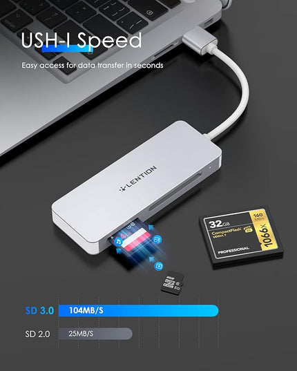LENTION USB 3.0 to CF/SD/Micro SD Card Reader, SD 3.0 Card Adapter for SDHC/SDXC/MMC/RS-MMC/Micro SDHC/Micro SDXC/CF Type I, Compatible Windows, MacOS, ChromeOS, More (CB-H12, Silver)