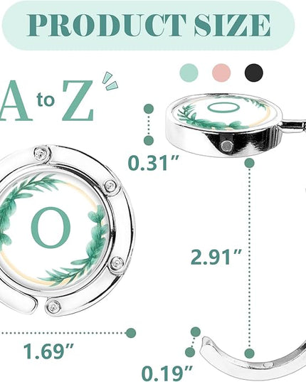 Iqimott 3pcs Personalized Initial Foldable Purse Hook for Table, Flower Letter Folding Handbag Hanger Portable Magnet Table Hook Holder, Collection Desk Purse Hooks for Women Bag (Green-O)
