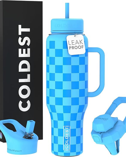 Coldest Tumbler with Handle and Straw - 100% Leak Proof Insulated Tumbler with Lid and Straw (3 Lids) - Stainless Steel Tumblers for Women & Men - Cup Holder Friendly Base, 46 oz (Blue Checkers)
