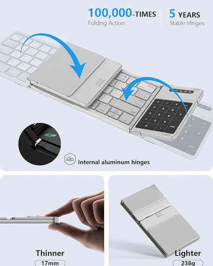 Nillkin Foldable Bluetooth Keyboard with Touchpad & Number Pad, Portable Bluetooth Keyboard with Full Size Keys, Pocket-Sized Wireless Travel Keyboards for iPad, Smartphone, Tablet and Laptop Gray