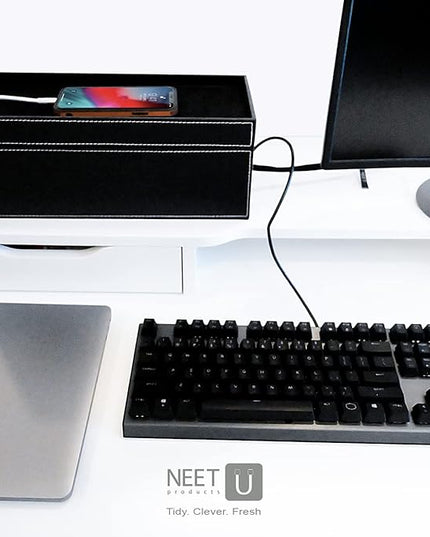 NEET Cable Management Box Large, Computer Cord Organizer, Hide and Conceal, Power Cable Organizer, Computers and Desks, Black Stitched Leather