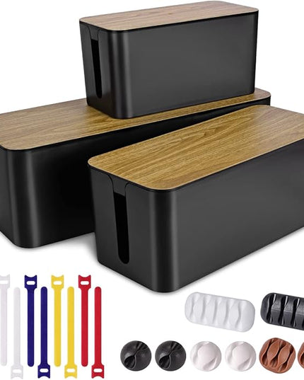3 Pack Cable Management Box with 18 PCS Cable Management Set - Large & Medium & Small Wooden Grain Cable Organizer Box to Hide Wires & Power Strips | TV Cord Organizer Box | for Home & Office(Black)