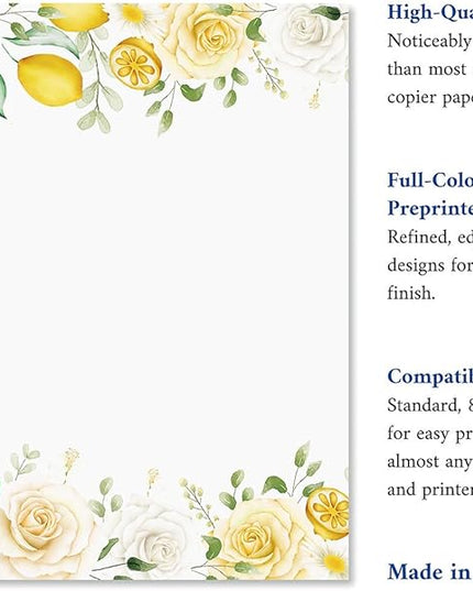 Current Lemon Floral Letter Paper - Spring Stationery Papers With Decorative Flowers and Lemon Border, Printable Holiday, Wedding & Bridal Shower, & Invitation Sheets, Set of 25, 8 1/2" x 11"