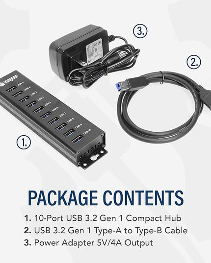 USBGear 10-Port USB 3.2 Gen 1 Mountable Charging and SuperSpeed Data Hub with 5V/4A Power Adapter and USB Type-A to Type-B Cable Up to 900mA per Port Charging Function Wall and Surface Mounting