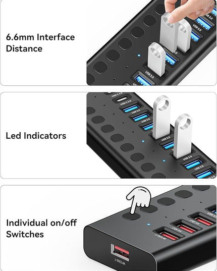 Powered USB 3.0 Hub, 16 Ports USB Hub Splitter(10 USB-A 3.0+2 QC 24W Fast Charging+2 Smart Charging+2 USB-C 3.0 Ports), 12V/8A 96W UL Certified Power Adapter for Laptop, Mac, PC, Computer