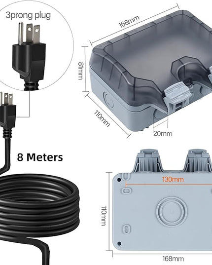 Outdoor Power Outlet Box with 26.3Ft Extension Cord, NEMA 5-15R, STW 14 AWG, Weatherproof Waterproof IP66 Electrical Outlet Extender, Exterior Wall Power Socket w/Cover for Garden