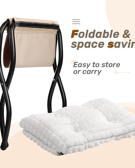 HollyHOME 15"(H) Folding Footrest Stool, Upholstered Small Foldable Ottoman, Accent Padded Sofa Foot Stool for Lazy Chair, Metal Portable Foot Rest Ottoman for Living Room, Bedroom, Faux-Fur White