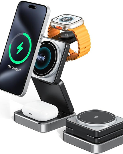 3-in-1 Wireless Charger for iPhone,15W Fast Wireless Charging Station Compatible with Mag-Safe Charger,Magnetic Foldable Travel Charger Stand Nightstand for iPhone 17/16/15/14,Apple Watch&AirPods