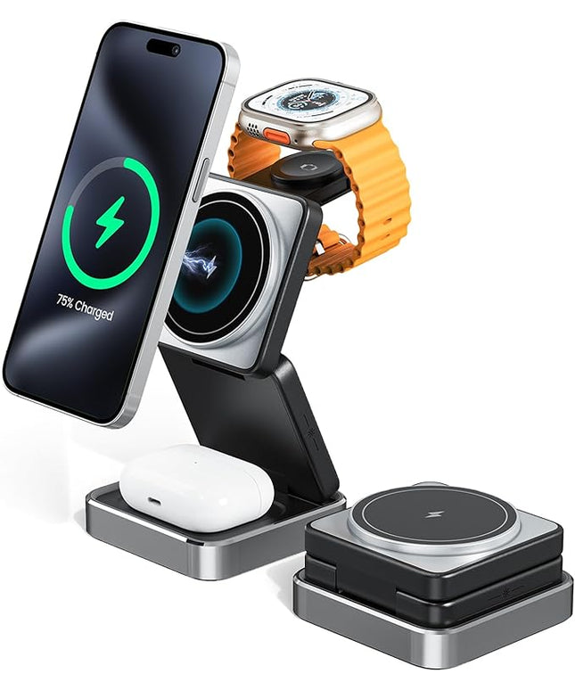 3-in-1 Wireless Charger for iPhone,15W Fast Wireless Charging Station Compatible with Mag-Safe Charger,Magnetic Foldable Travel Charger Stand Nightstand for iPhone 17/16/15/14,Apple Watch&AirPods
