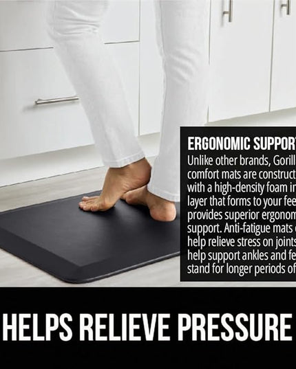 GORILLA GRIP Comfortable Cushioned Kitchen Mats for Floor, 58x20, Waterproof and Stain Resistant Soft Top, 3/4 Inch Thick Ergonomic Standing Desk Anti Fatigue Mat, Foam Supports Ankles and Feet, Black