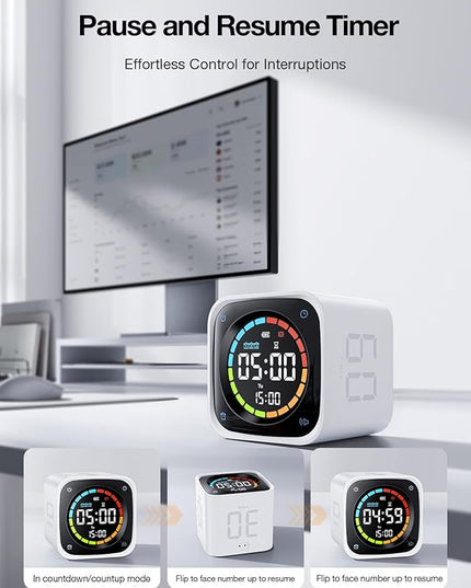 TK3 Pomodoro Timer Cube, Desk Productivity Timer with 5/10/30/60 Min Presets, Custom Countdown, Stopwatch, Clock, 3 Alarm, Silent, Vibrate & Sound Alert, for Task, ADHD, Study, Kitchen, White