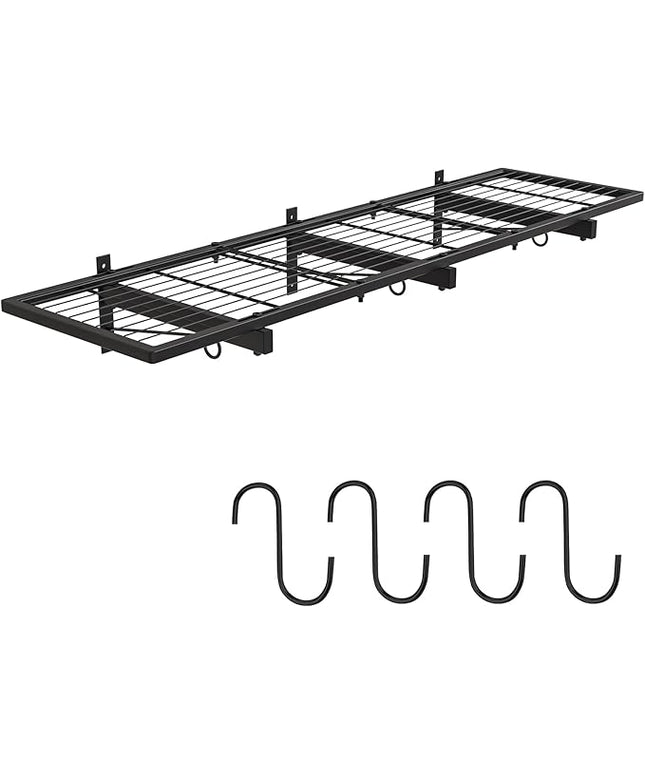 Garage Wall Shelves, 46"X12.5" Garage Shelving Wall Mounted, Heavy Duty Shelf Storage Rack with 4 Hooks, Black Organizer Floating Metal Shelf 160 LBS Capacity for Office, Basement, Laundry Room