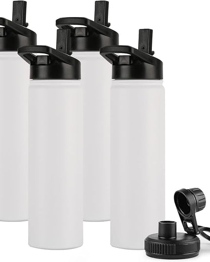 DOMICARE Insulated Water Bottle, 22 oz Vacuum Insulated Stainless Steel Reusable Sports Bottle with Straw Lid & Spout Lid for Travel, Camping, Bike, Leakproof, White, 4 Pack