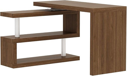 47" Swivel Top Desk with Storage Shelves - 360° Rotating Tabletop Computer Workstation for Home Office - Full Glossy Mirror Finish Space-Saving Corner Writing Table (Brown)