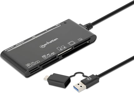 Manhattan 7 in 1 USB C & USB A Combo Multi Card Reader – Long 3 ft Cable – 5Gbps USB 3.0 - SD, TF, CF, Micro SD, XD, MS - Multiple Adapter Hub – 3 Yr Mfg Warranty – 102605