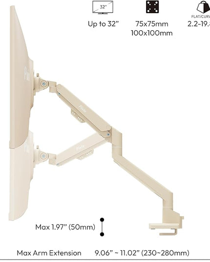Pixio PS1S Wave Beige Single Monitor Arm Stand Desk Mount - Fits up to 32 inches Monitors and up to 19.8lbs. VESA Compatibility and Integrated Cable Management