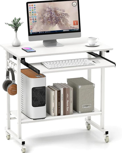 Tangkula Rolling Computer Desk Cart with Keyboard Tray, Mobile Portable Laptop PC Desk with CPU Stand & 3 Hooks for Sofa & Bed, Industrial Small Desk on Wheels for Small Spaces (White)