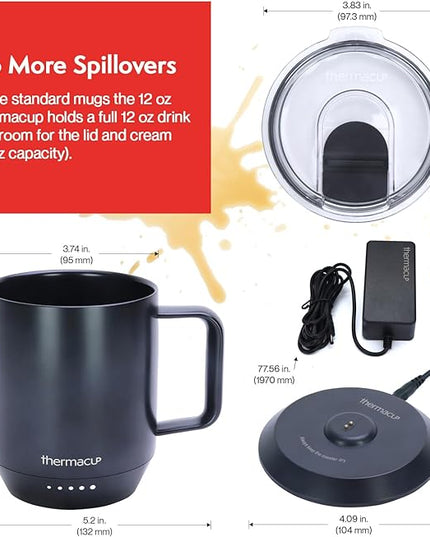 THERMACUP Mega 8-Hour Battery Self-Heating Coffee Mug with | Temperature Controlled Steel Smart Mug with Lid, 14oz (12oz with Lid) | Perfect Holiday Gift for Coffee & Tea Lovers