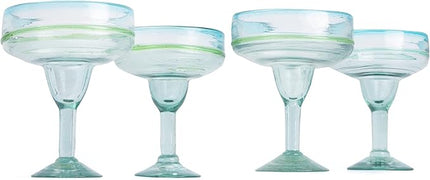 MyCajita Mexican Glassware, Aqua Rims 16oz Margarita Glasses, Set of 4 Unique Hand Blown Glass, Handcrafted by Talented Artisans Thick & Sturdy Easy to hold