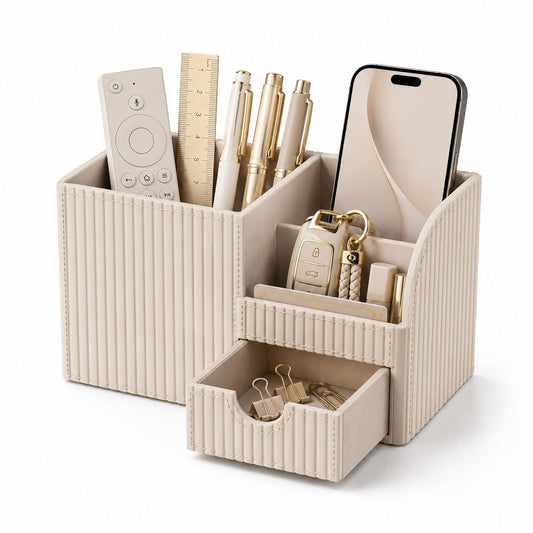 KINGFOM Luxury PU Leather Desk Organizer with Drawer, Modern Aesthetic Office Desk Accessories for Men & Women, Multi-Compartment Pen Holder & Desktop Storage Organizer for Home Office
