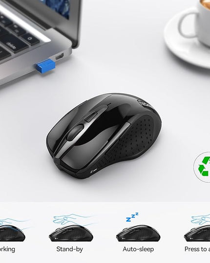 TECKNET Wireless Mouse (2.4G & BT5.0/3.0) Silent 4800 DPI Computer USB A & Bluetooth Mouse 6 Buttons, Wide Compatibility - Black