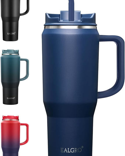 Insulated Coffee Mug Cup with Lid, 40 oz Tumbler with Handle and Straw, Double walled Stainless Steel Coffee Tumbler, Thermal Water Bottle Jug, Navy Blue
