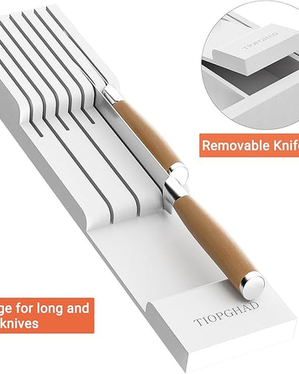 Bamboo-Silverware-Drawer-Organizer-Kitchen, Expandable Utensil Holder Cutlery Tray Flatware Organization Adjustable Wood Tableware Dividers Storage (with Removable Knife Block)(White)