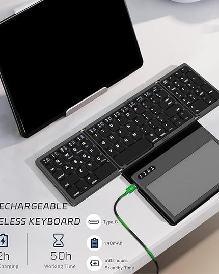 XUZHID Foldable Wireless Keyboard with Large Touchpad and Numeric Keypad Auto Sleep for Tablets, Smartphones, Laptops