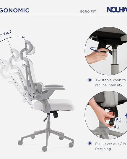 Nouhaus Ergo Fit Ergonomic Mesh Office Chair High Back Adjustable Lumbar Support Headrest and Adjustable Flip-up Armrests, Comfy Desk Chairs Swivel Computer Gaming Chair Tilt Function(N20, White)
