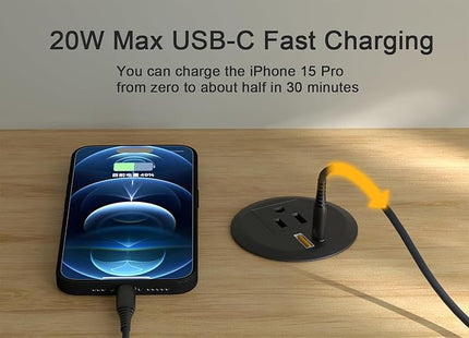 8pcs Desktop Power Grommet,2-inch Hole,20W USB C Fast Charging,2-USB Port,Flush Mount,Flat Plug,6.4 ft Cord,Black