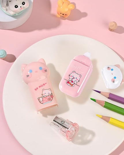 9Pcs Pink Cute Cat Stationery Gifts Set School Supplies Kawaii Japanese Stationery Christmas Birthday GIFS Includes Pencil Sharpener Highlighter Correction Tape Pens Ruler for Office School Supplies
