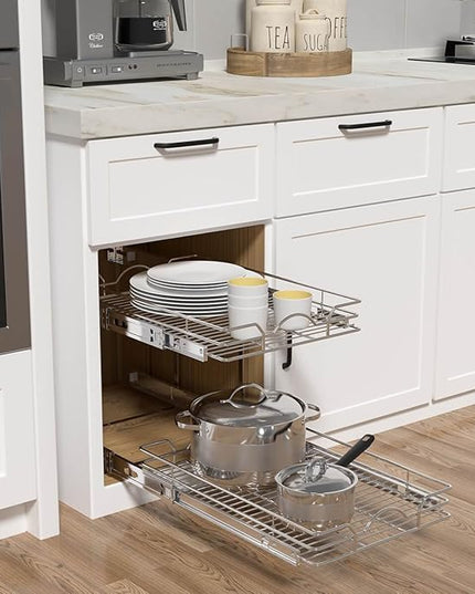OCG 2 Tier Pull Out Cabinet Organizer (21.5" W x 21" D), Pull Out Drawers for Kitchen Cabinets, Pull Out Shelves for Base Cabinet Organization in Kitchen Bathroom Pantry, Chrome Finish