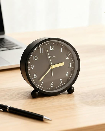 AOKILOM Analog Alarm Clock, Non-Ticking Silent Travel Small Clock, Battery Operated with On-Demand Light, Easy Set Gentle Wake, Ideal Decor for Bedroom, Bedside, Desk,Office (Black)