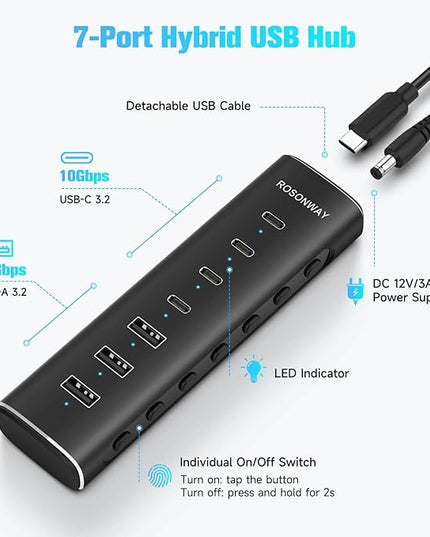 Rosonway 7 Ports Powered USB 3.2/USB C Hub 10Gbps with 4 USB-C 3.2, 3 USB-A 3.2 Ports, 3.3ft Cable and 36W(12V/3A) Power Adapter, Aluminum USB Splitter for Laptop, RSH-H7C4