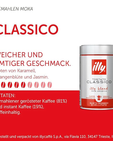 illy Ground Coffee Moka - 100% Arabica Flavored Coffee Ground - Rich Aromatic Coffee Grounds Profile – Classico Medium Roast - Notes of Caramel, Orange Blossom & Jasmine - No Preservatives – 8.8 Ounce