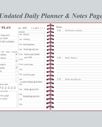 Daily Planner Undated - A5 To Do List Notebook Hourly Schedules, Spiral Appointment Planner for Women and Men, PVC Hardcover, Inner Pocket, Elastic Closure, 5.8" x 8.3", Pink